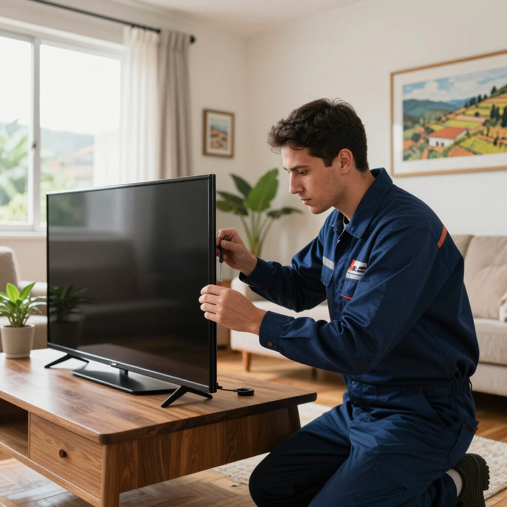Técnico ensamblando un televisor de pantalla plana sobre una mesa de madera en una sala de estar luminosa.