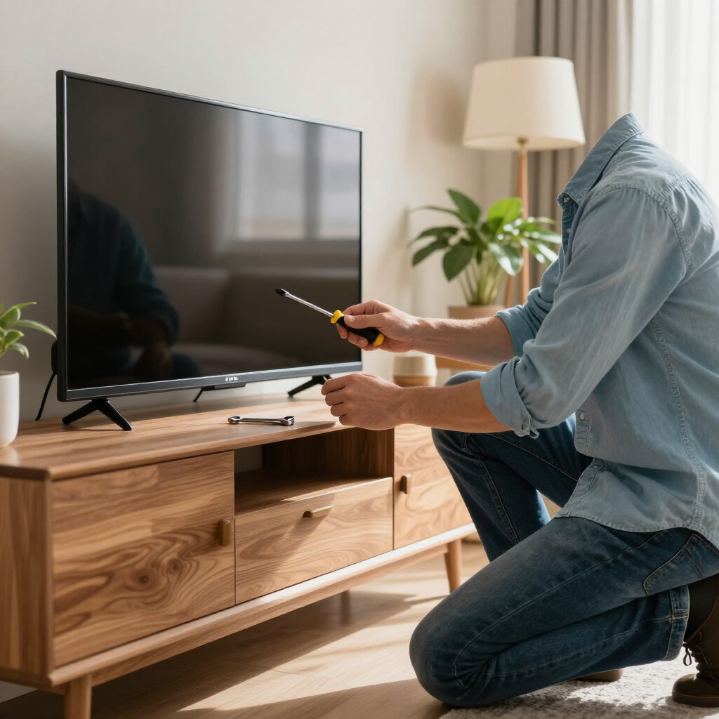 Persona arrodillada junto a un soporte de televisión, utilizando herramientas para instalar un televisor de pantalla plana en una sala de estar.