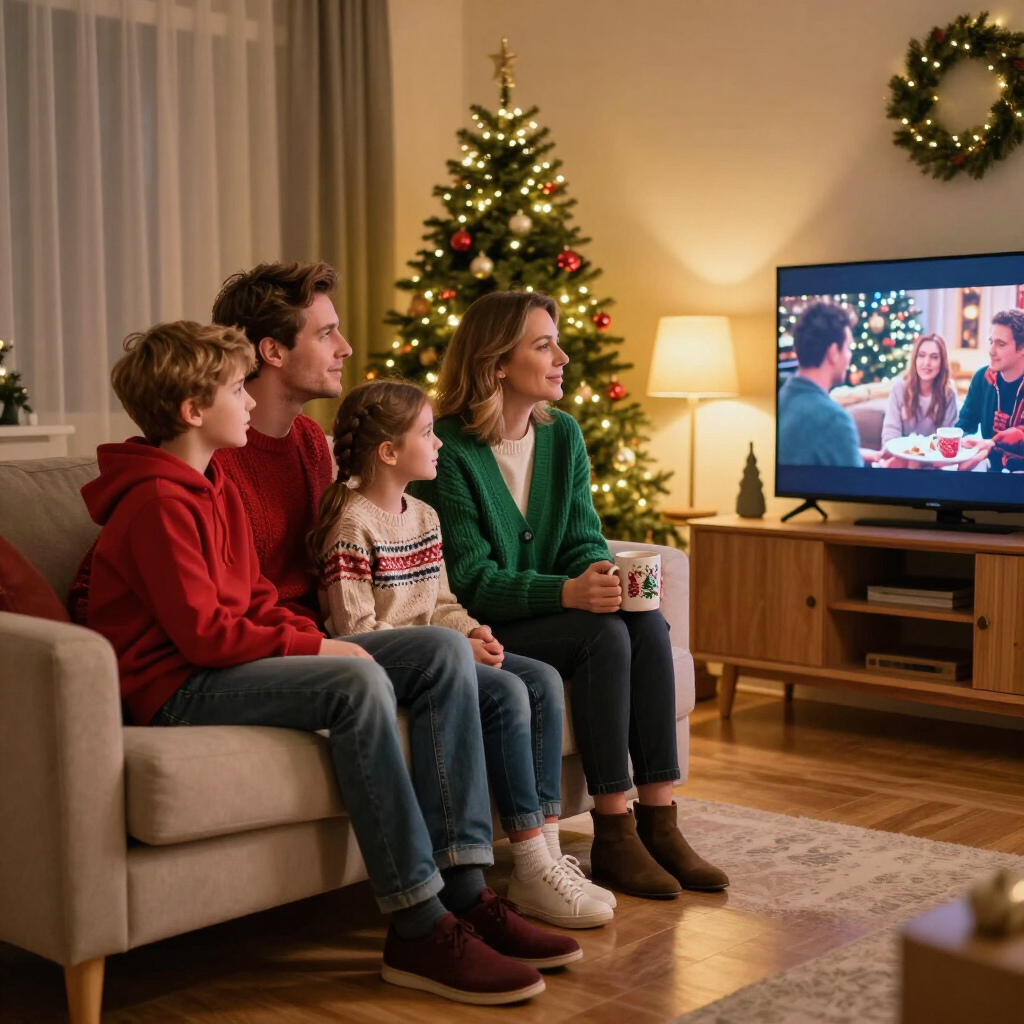 Familia sentada en un sofá viendo la televisión en una acogedora sala de estar decorada con un árbol de Navidad y una corona navideña.
