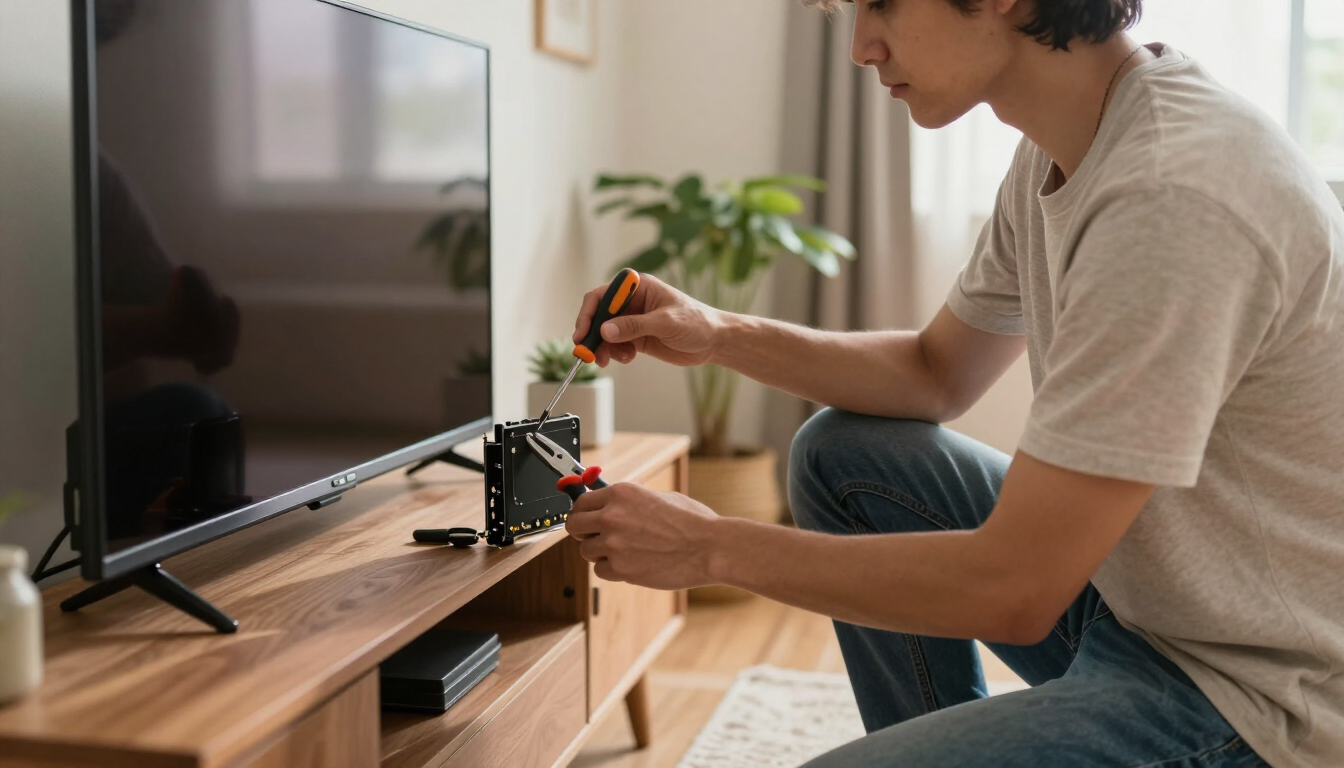 Persona colocando cables en un soporte de televisión en una sala de estar.