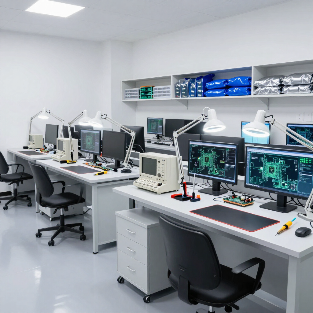 Laboratorio de informática moderno con mesas blancas, monitores, microscopios y estanterías con equipos.