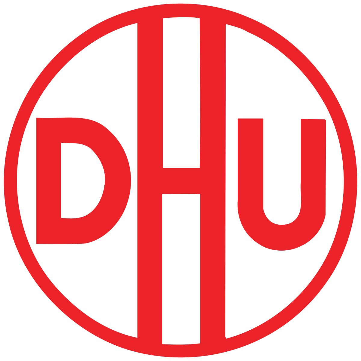 Ein rotes Dhu-Logo auf weißem Hintergrund