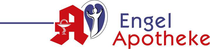 Das Logo der Engel Apotheke ist rot und blau mit einem Apothekensymbol.