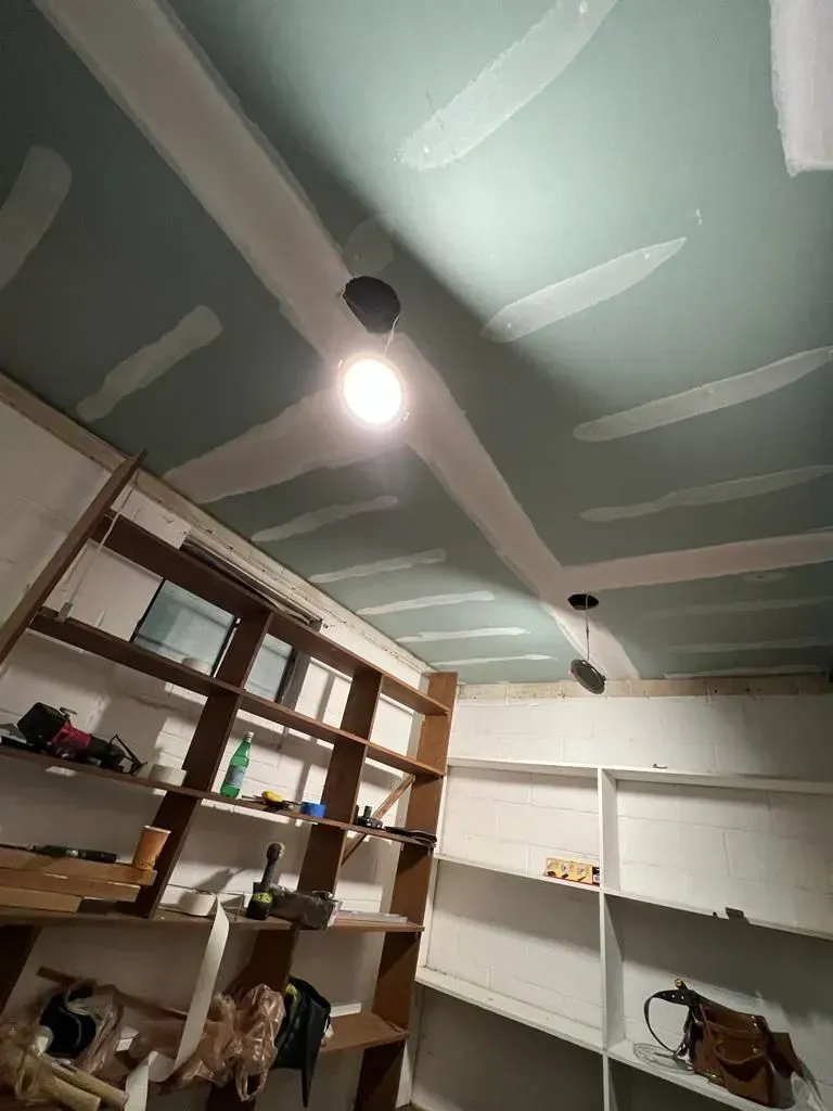 Storage room with shelves, tools, and a green ceiling with recessed lights.