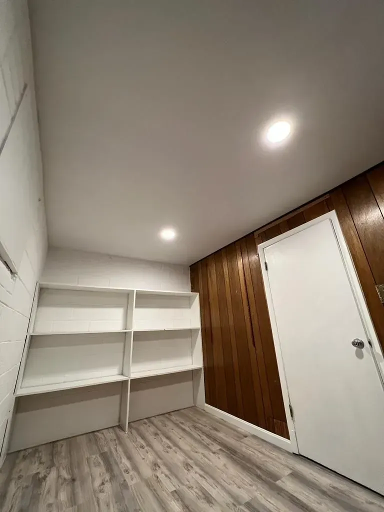 Empty white closet with shelves, wood-paneled wall, and closed white door under ceiling lights.