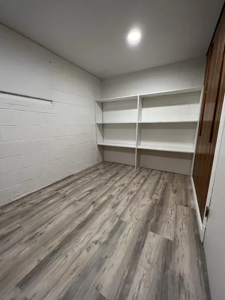 Empty walk-in closet with white shelves, wood-look flooring, and a ceiling light.