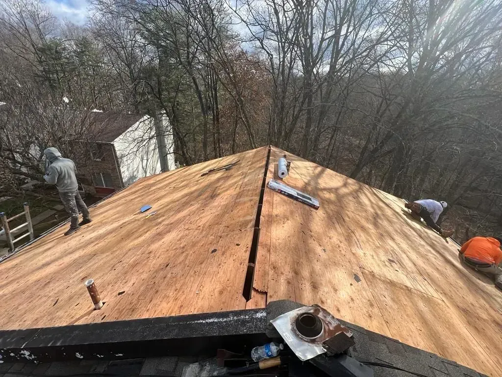 Roof under construction with workers and tools, viewed from the ridge among leafless trees
