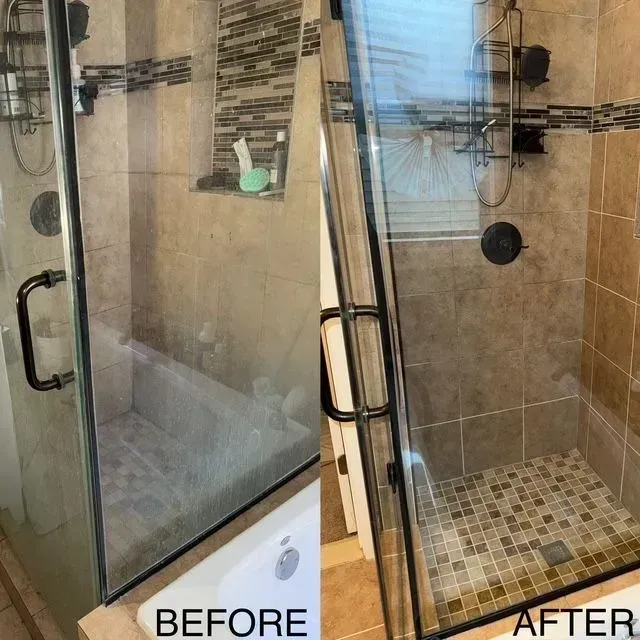 Split-image of a shower remodel, showing before and after views with a tiled shower floor and glass door.