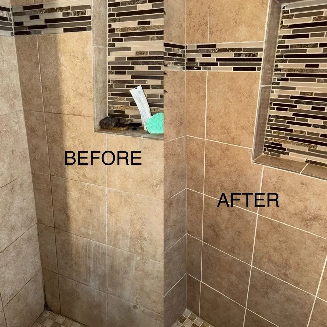 Bathroom shower wall tile before-and-after comparison, showing cleaner grout and repaired tile lines.
