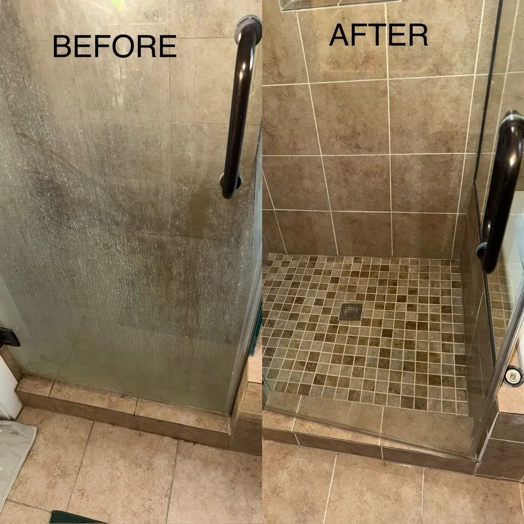 Before-and-after view of a bathroom shower with a glass door and tiled floor