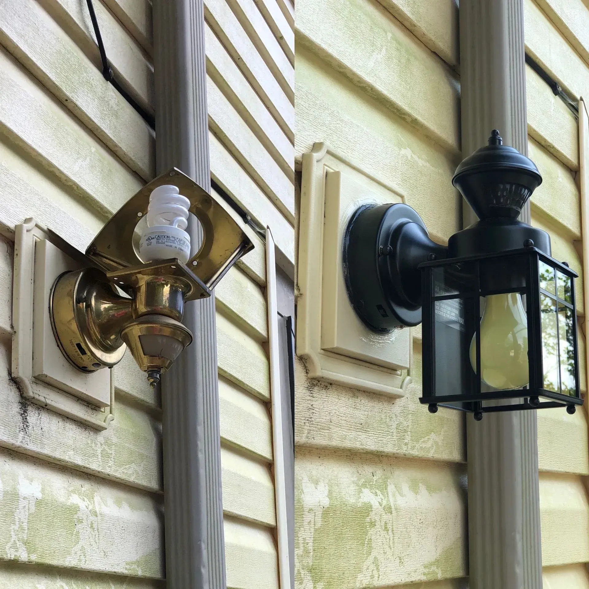 Two outdoor wall-mounted lights on a house exterior: brass sconce and black lantern on beige siding.