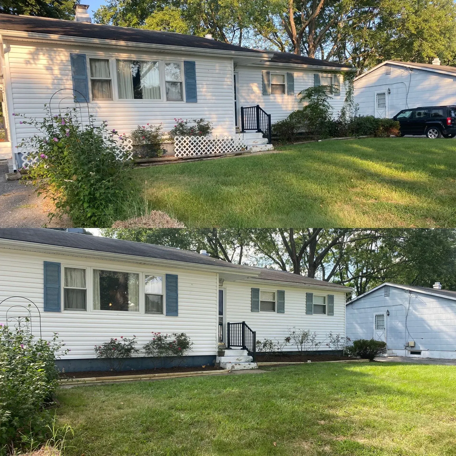 Two views of a white single-story house with a green lawn and detached garage in daylight