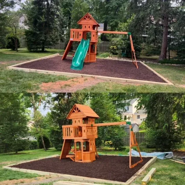 Orange playground tower with green slide in a wooded park, shown from two angles
