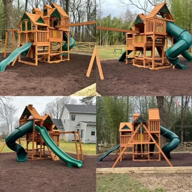 Four views of a wooden playground structure with green slides and bridge in a park