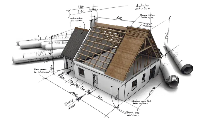 3D house roof design blueprint with measurements and rolled architectural plans