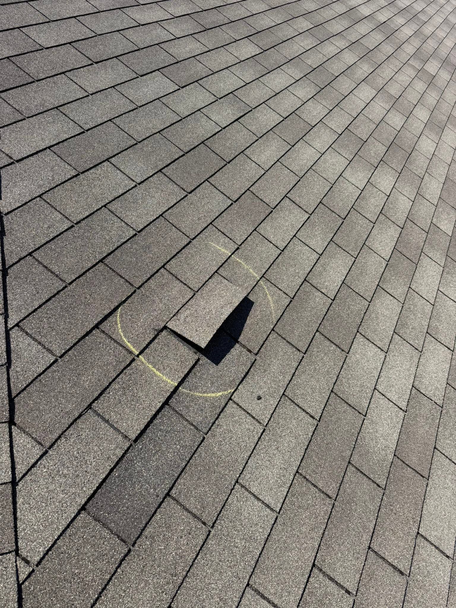 Gray shingle roof with a small dark gap or damaged shingle near the center