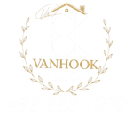 Gold “VANHOOK” logo with house roof and leaf wreath on a white background