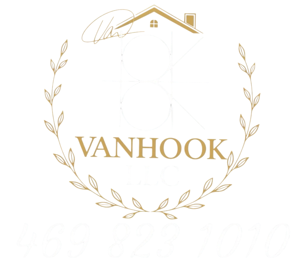 Gold &ldquo;VANHOOK&rdquo; logo with house roof and leaf wreath on a white background