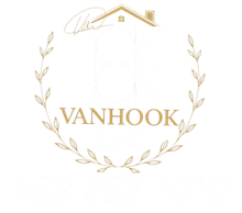 Gold &ldquo;VANHOOK&rdquo; logo with house roof and leaf wreath on a white background