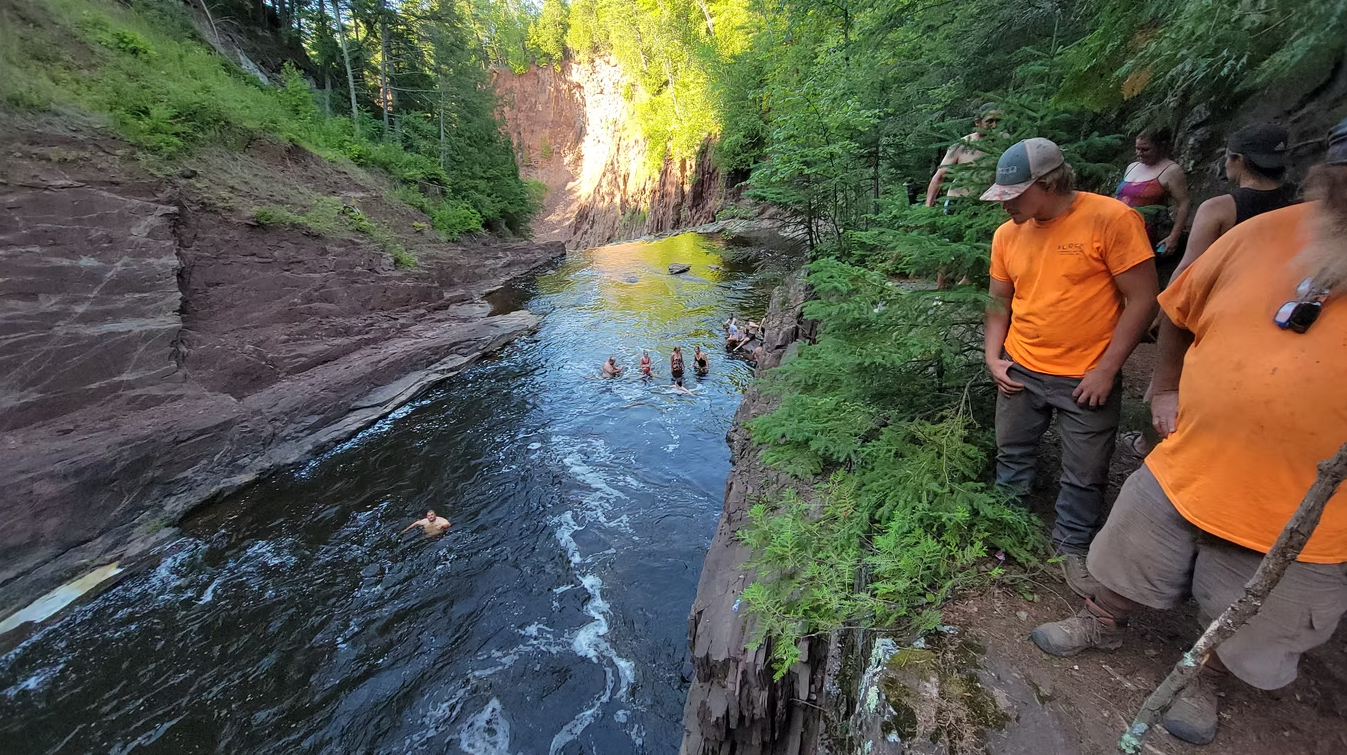 People in orange shirts stand beside a narrow creek in a green wooded ravine.