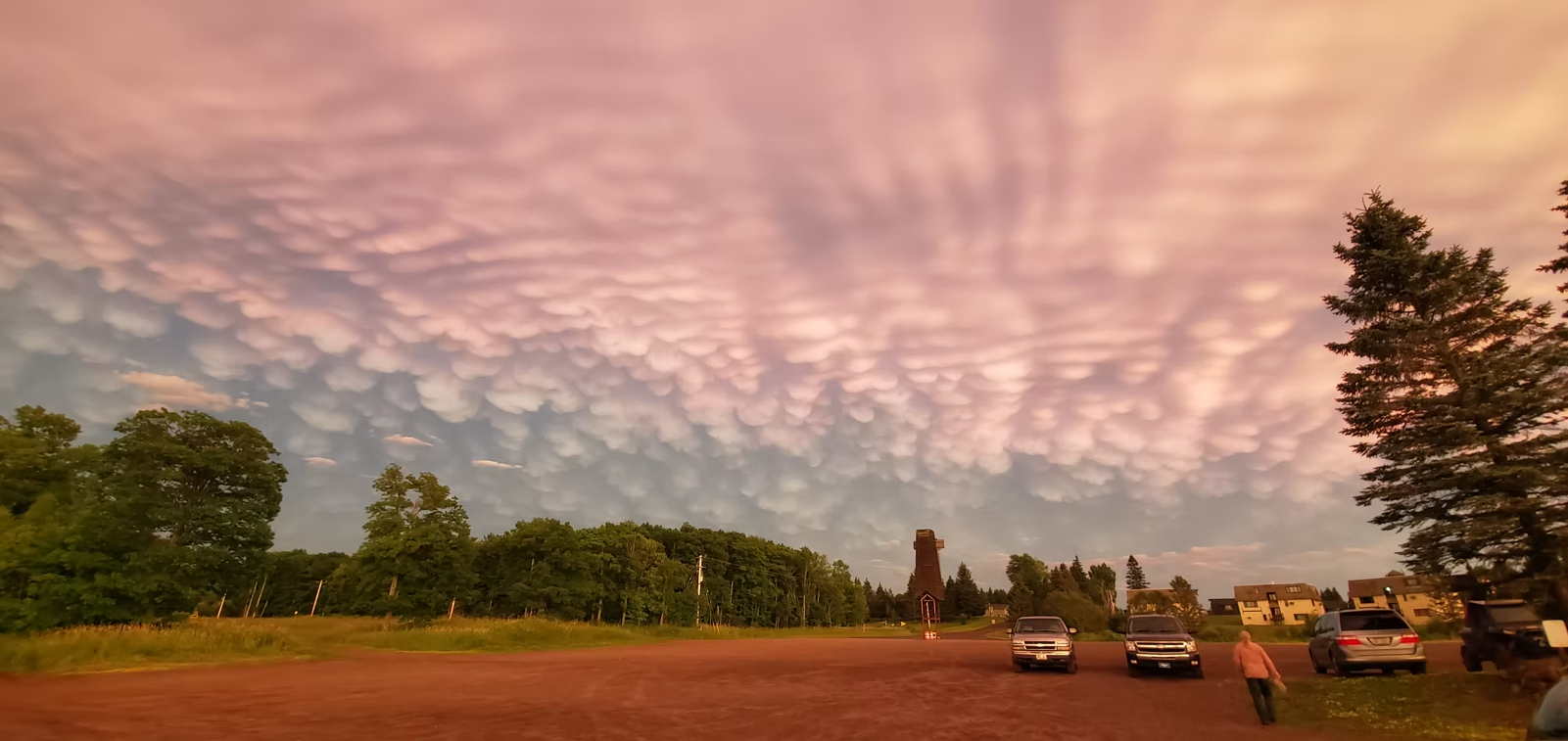 Pink cloud-filled sky over a grassy field with trees and parked cars at sunset