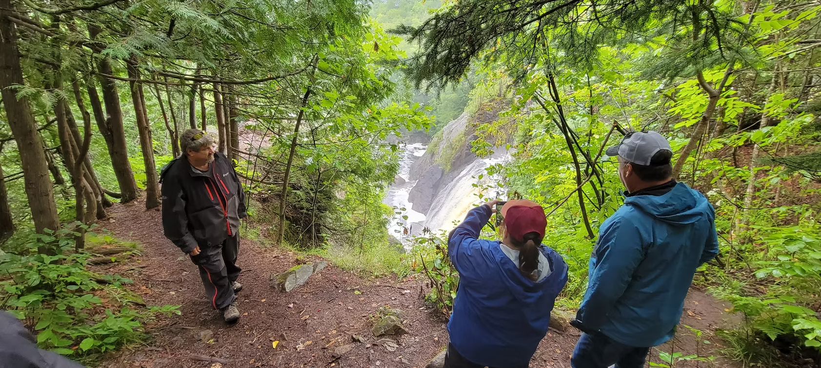 Three hikers on a forest trail overlook a waterfall in a lush green gorge