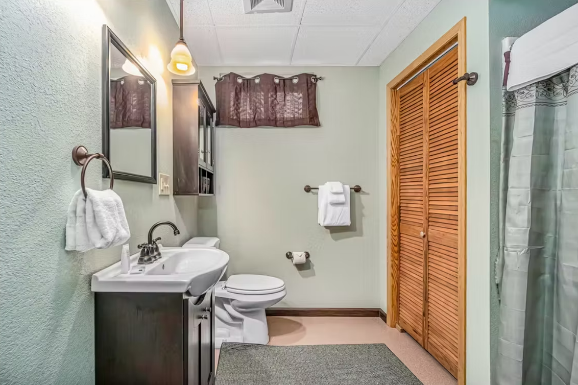 Small bathroom with sink, toilet, shower curtain, and wood closet doors.