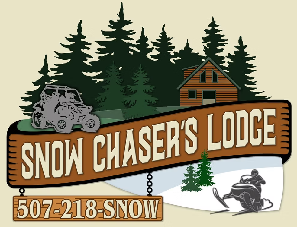 Snow Chaser’s Lodge sign with snowmobiles, pine trees, cabin, and phone number 507-218-SNOW