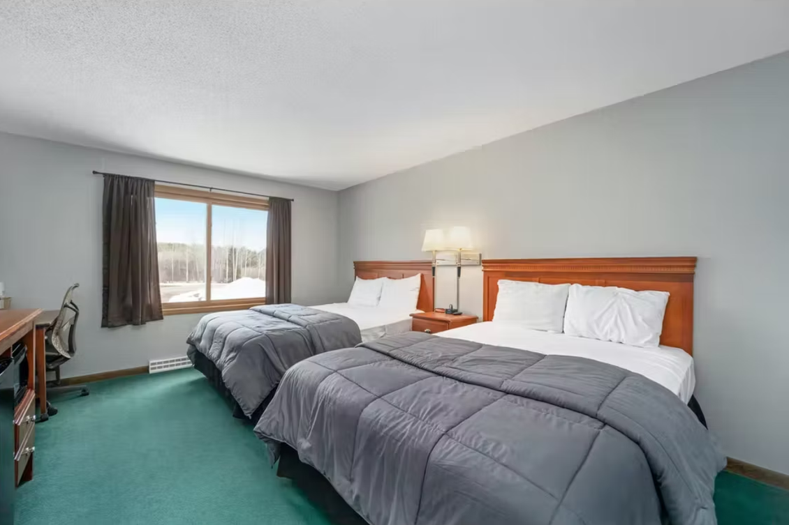 Hotel room with two beds, gray comforters, green carpet, and a window with a mountain view