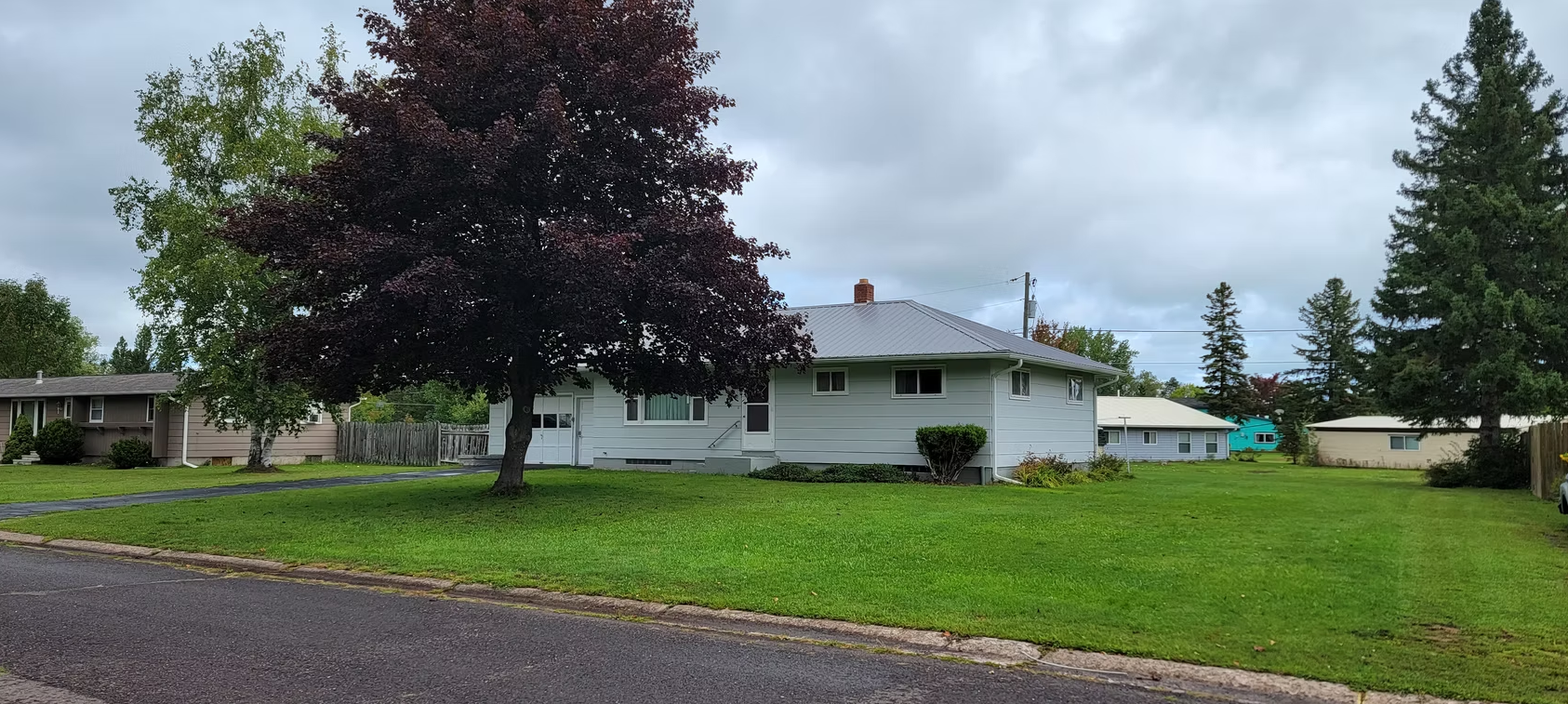 White house with a large dark tree and green lawn beside a gravel road under cloudy skies