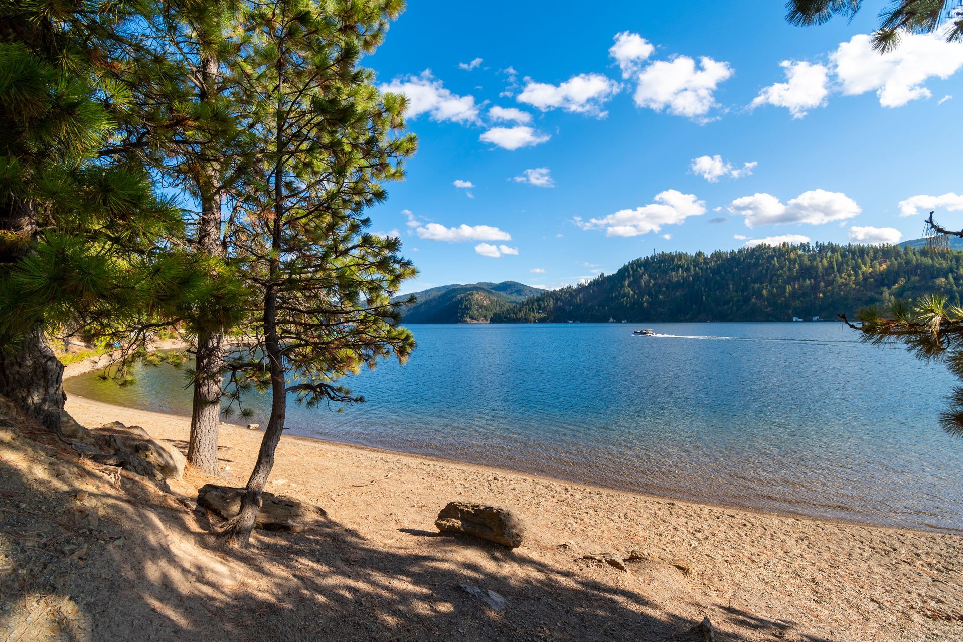 Sunny lakeside beach with trees, blue water, mountains, and a partly cloudy sky