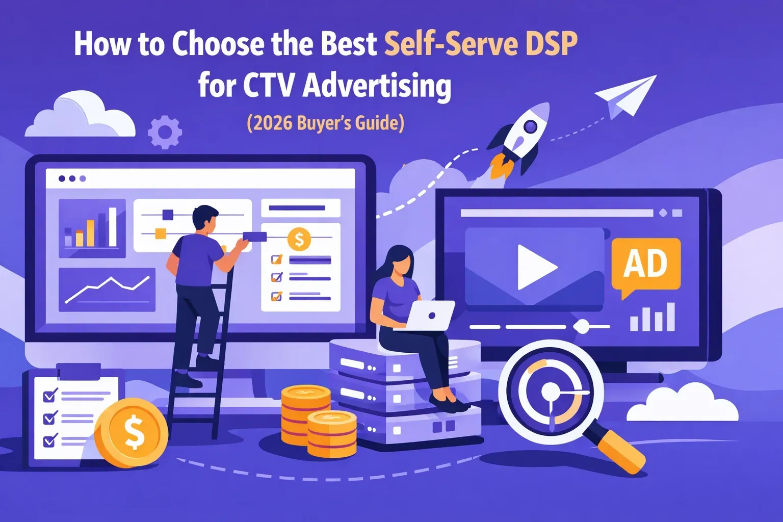 Illustration: people working with data, money, and ads on computers, promoting a CTV advertising buyer's guide