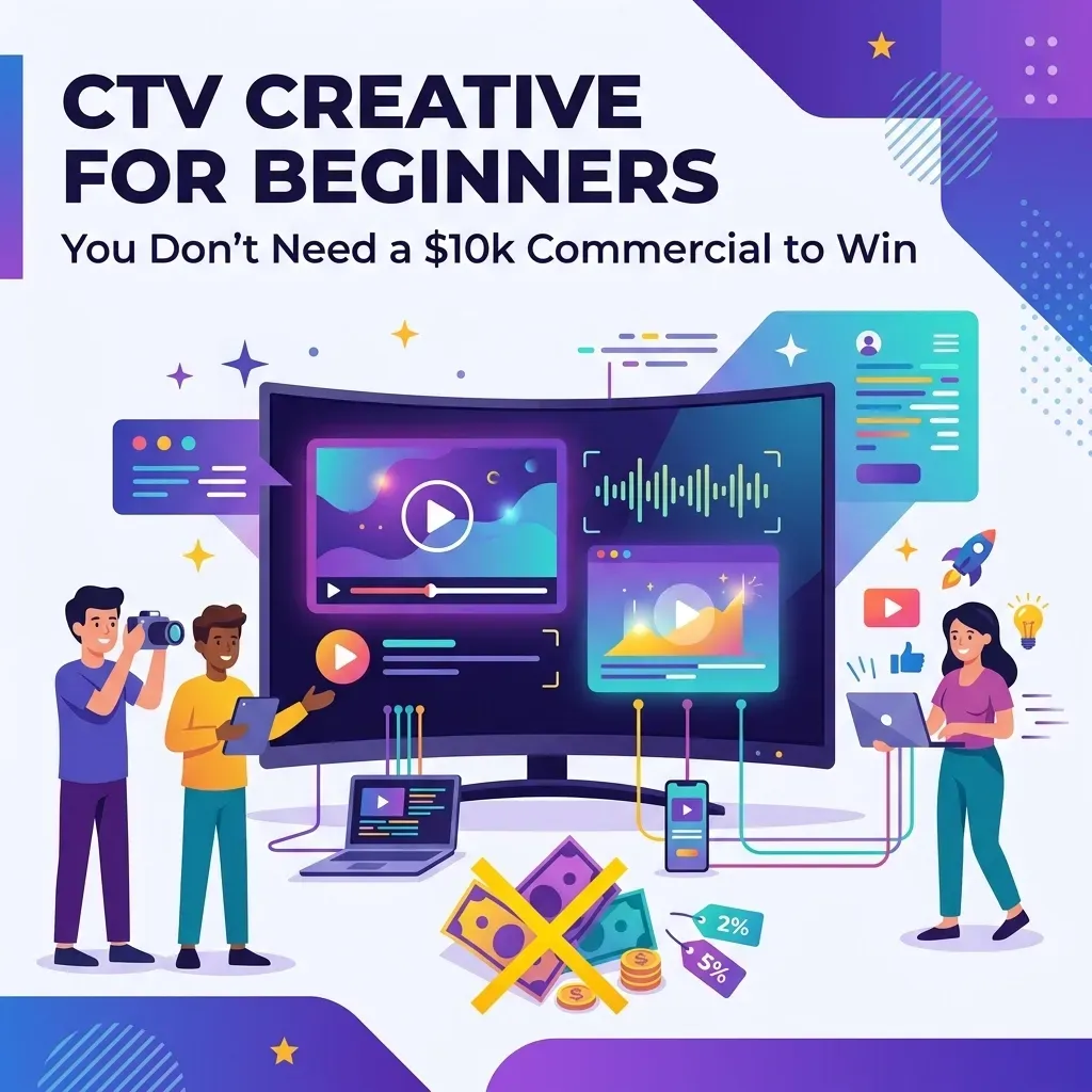 Graphic showing three people creating digital content for CTV, with a yellow X over money to signal low-cost production.