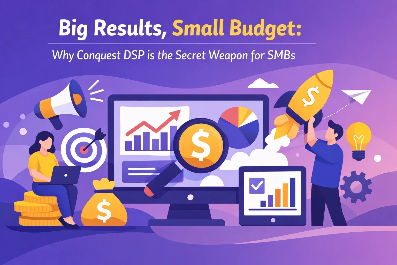 Illustration: woman using laptop, man launching rocket with dollar sign, financial data, and title 