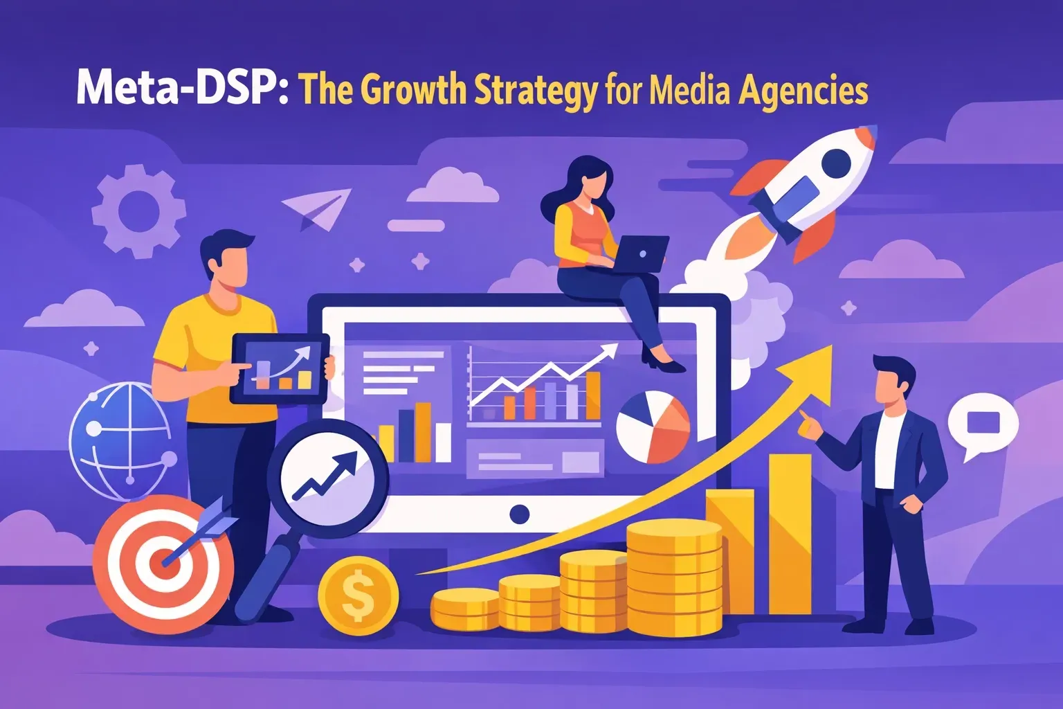 People working on digital marketing with a rocket launching. Growth chart, money, and data analytics on a purple background.