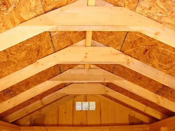 Wooden shed interior with angled rafters and an OSB roof.