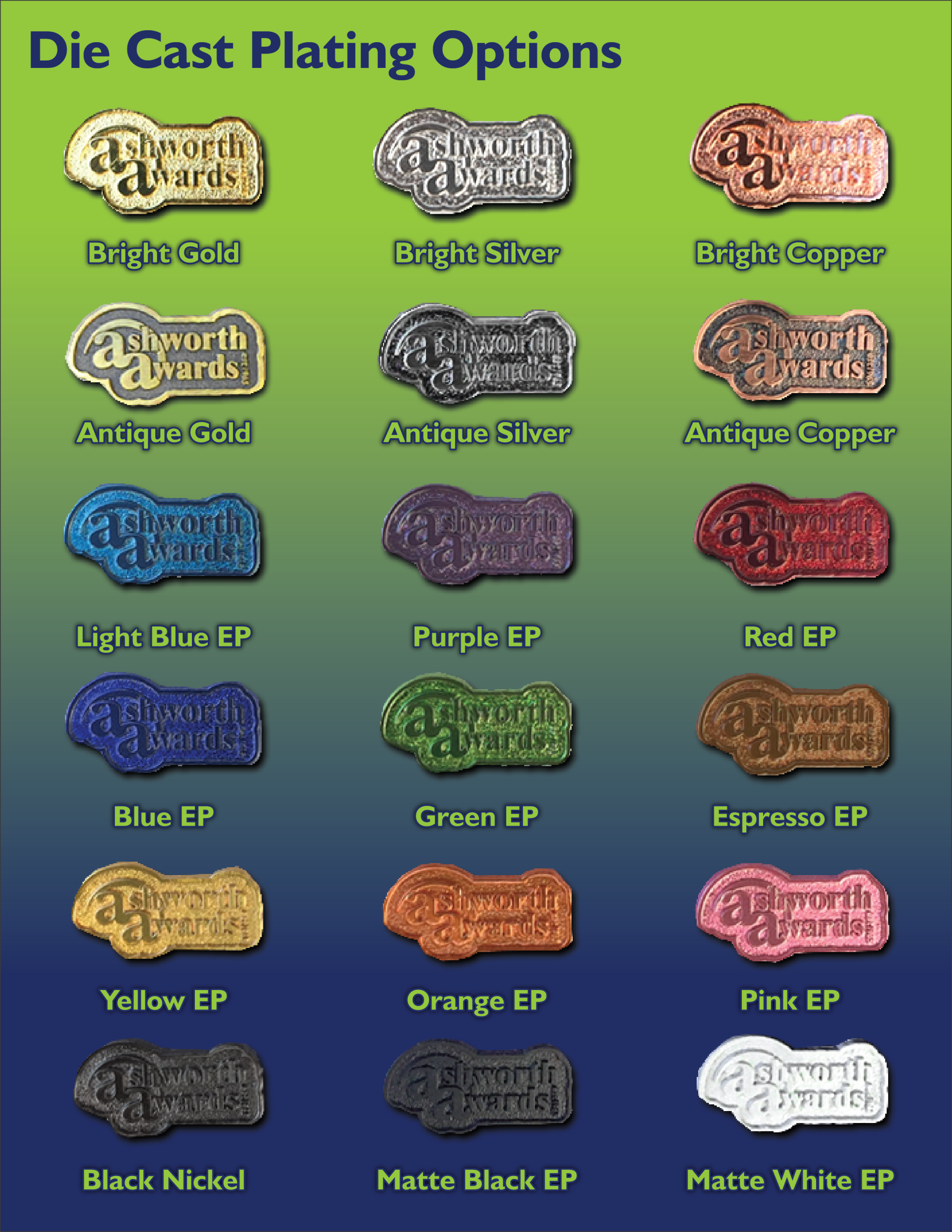 Die cast plating options include bright, antique, matte, and black nickel finishes, plus a variety of colored EP coatings.