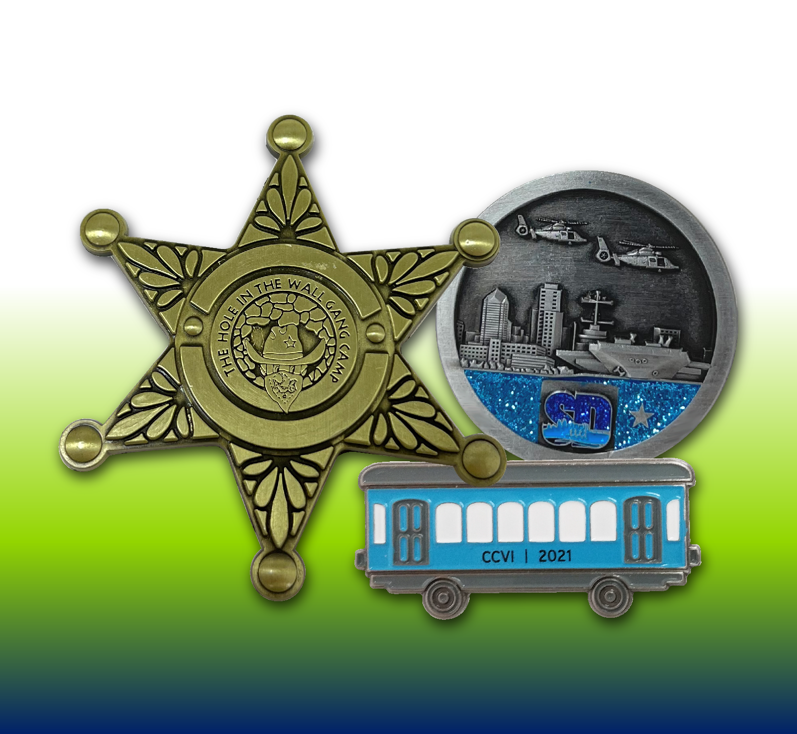 Custom lapel pins can match your logo with optional dangle, spinner, or slider features, plus various finishes and pin backs.