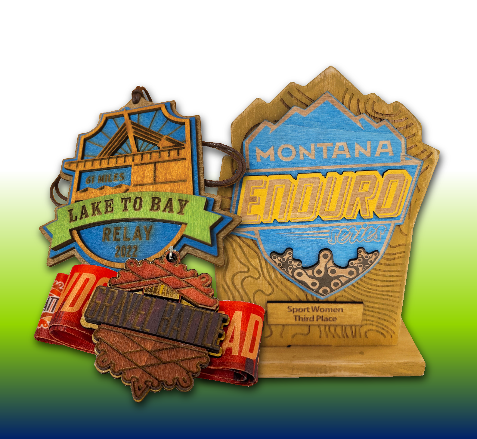 Custom layered woodallions feature 3–4 colored wood layers, multiple cord or ribbon options, and sizes from 3