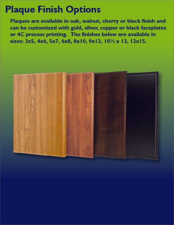 Plaques are available in multiple finishes and plate options, in sizes from 3×5 to 12×15.