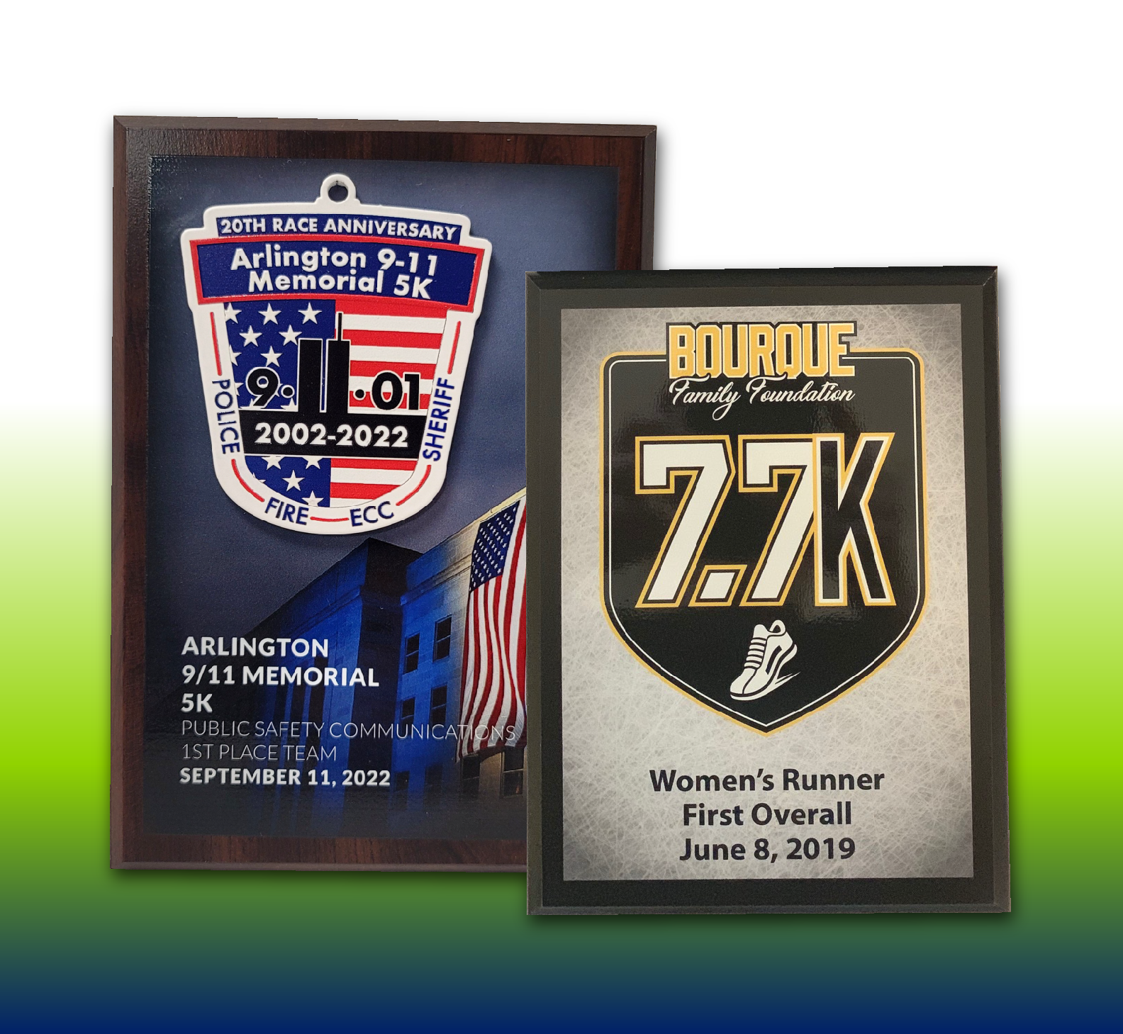 Custom plaques are available in oak, walnut, cherry, or black finishes in sizes from 3×5 to 12×15.