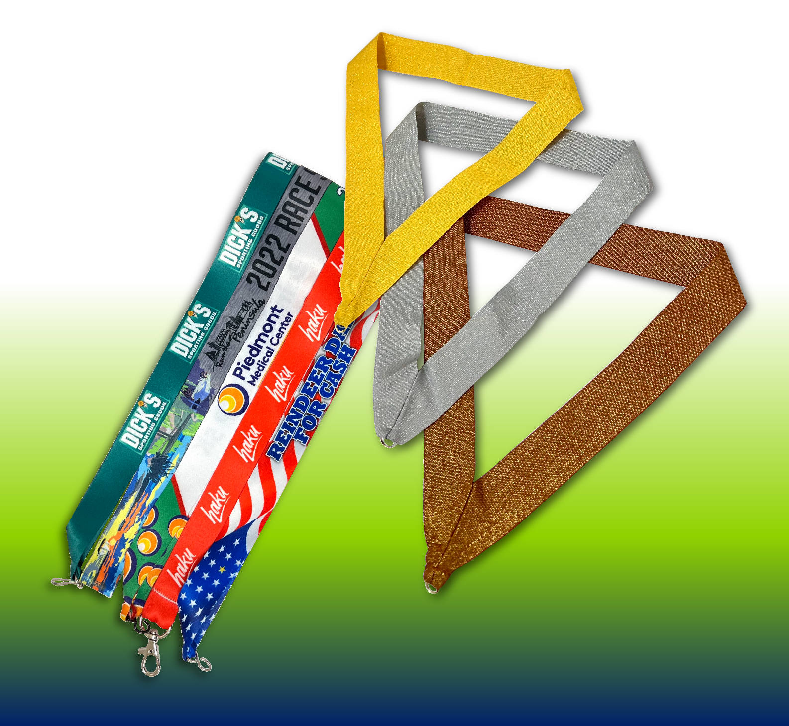 Ribbons and lanyards are available as sublimated, printed, stock or metallic.  They can be sewn or velcroed