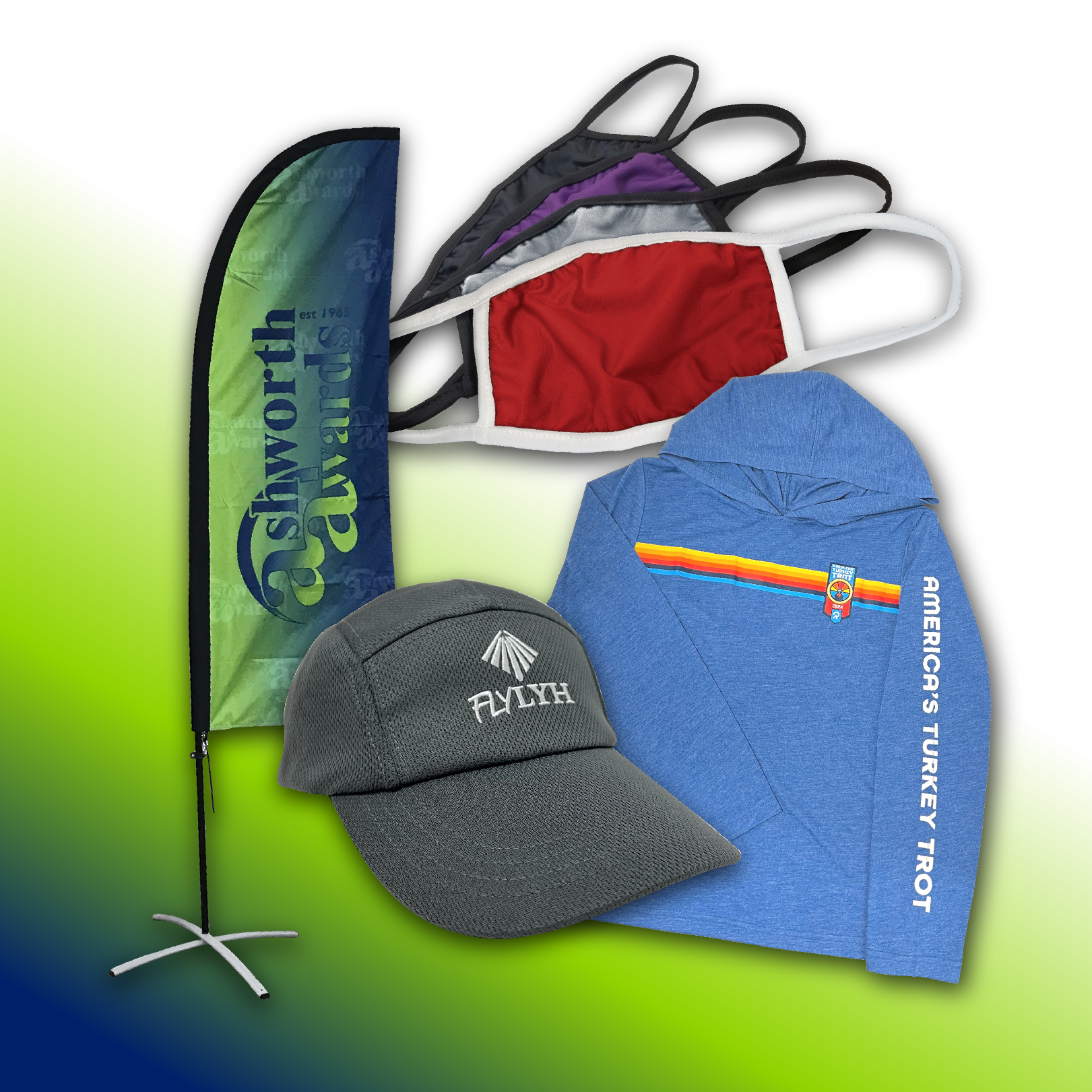 Feather flag, masks, shirts and hats