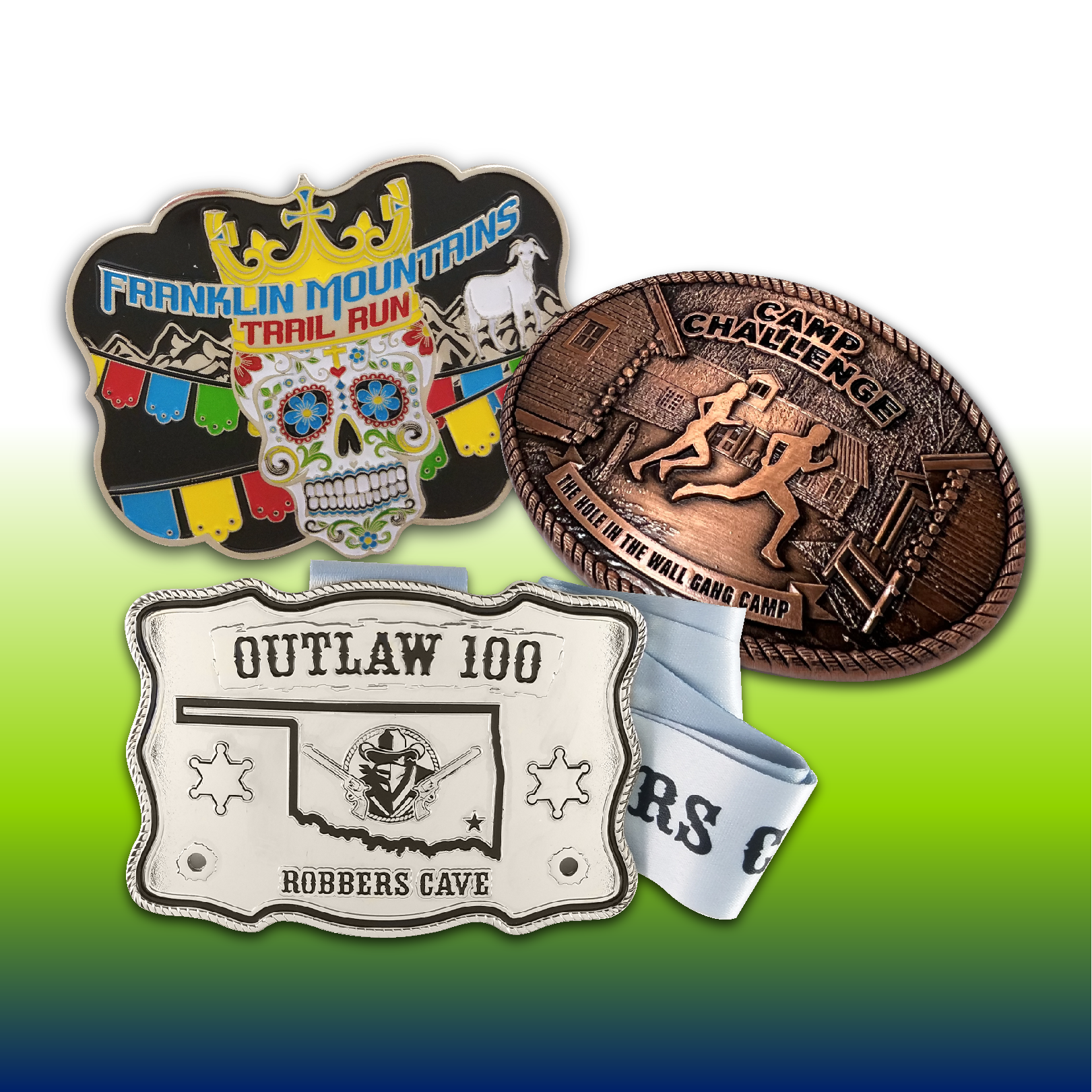Custom Belt Buckles are available in a custom plating with solid color, printed or sublimated ribbons attached to them.