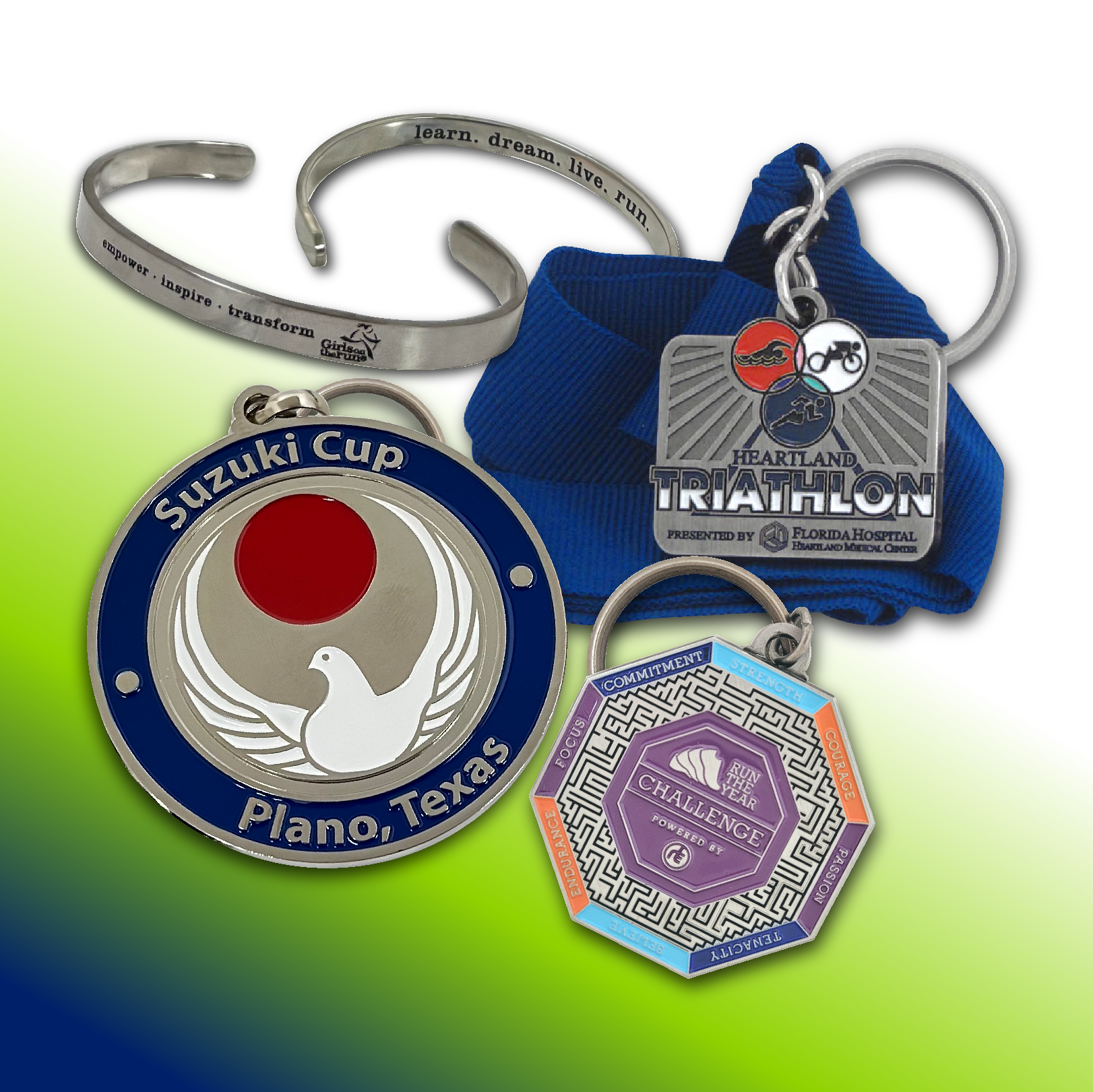 Custom keychains, jewelry, and zipper pulls can be made to match your logo with various finishes and connectors.