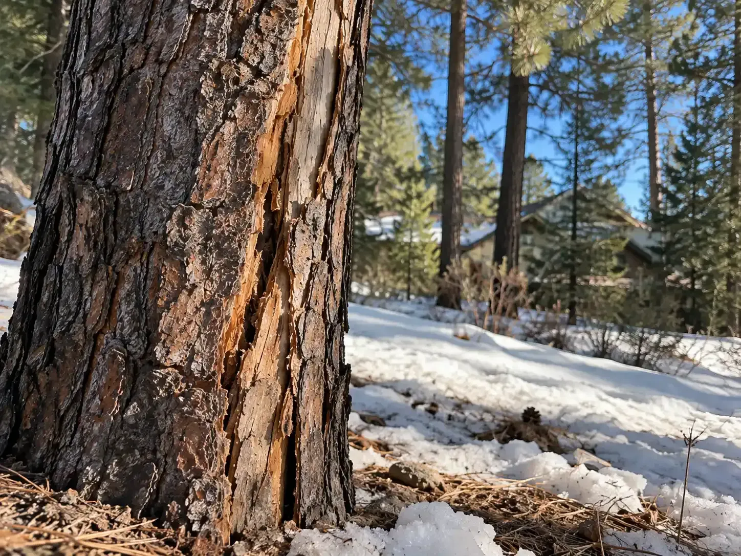 Close-up of split pine tree trunk beside a snowy forest path with tall evergreens in the background