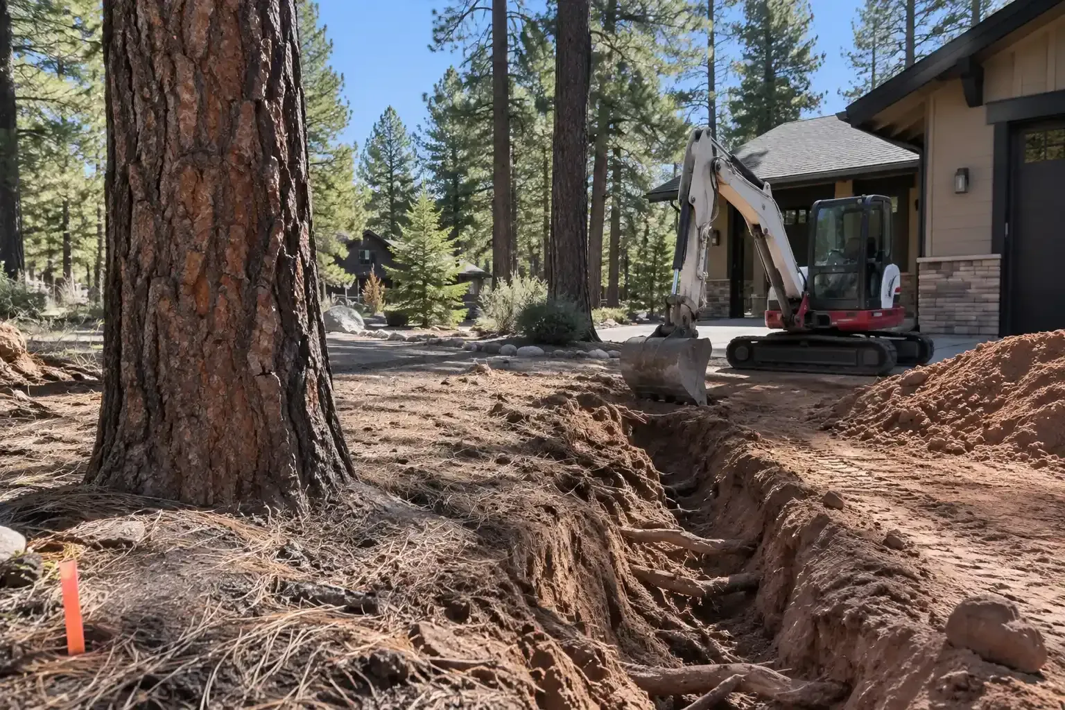 Excavator trenching near a house and pine trees, with exposed roots and soil mounds in the yard