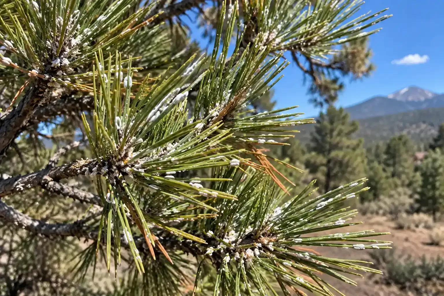 Close-up of sunlit pine needles with a mountain and blue sky in the background