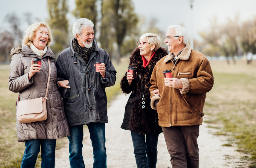 A group of elderly people are walking down a path in a park.