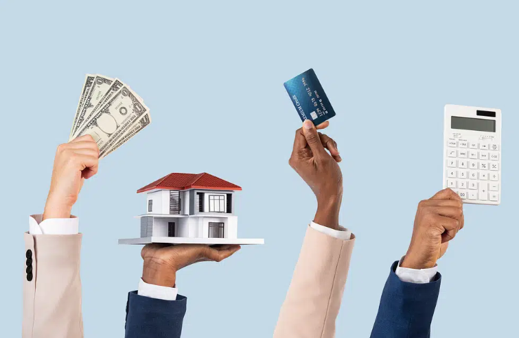 A group of hands holding money , a credit card , a house and a calculator.